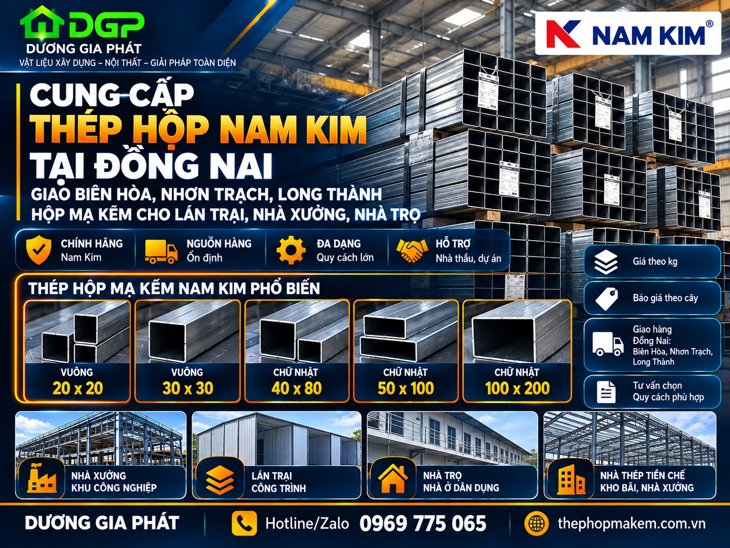 Cung cấp thép hộp Nam Kim tại Đồng Nai: giao Biên Hòa, Nhơn Trạch, Long Thành – hộp mạ kẽm cho lán trại, nhà xưởng, nhà trọ