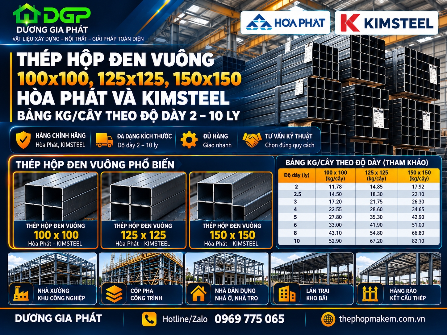 Thép hộp đen vuông 100x100, 125x125, 150x150 Hòa Phát và KIMSTEEL: bảng kg/cây theo độ dày 2–10 ly